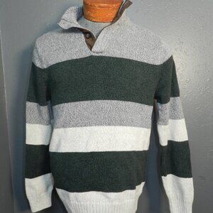 Chaps Mens Dark Green Grey And White Long Sleeve Stripped Sweater Size Medium